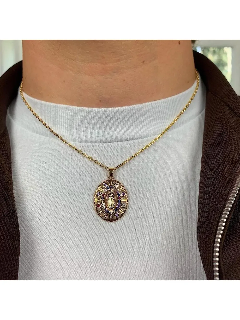Multi colored rhinestone Saint Marry circle pendant y2k 90s style gold necklace